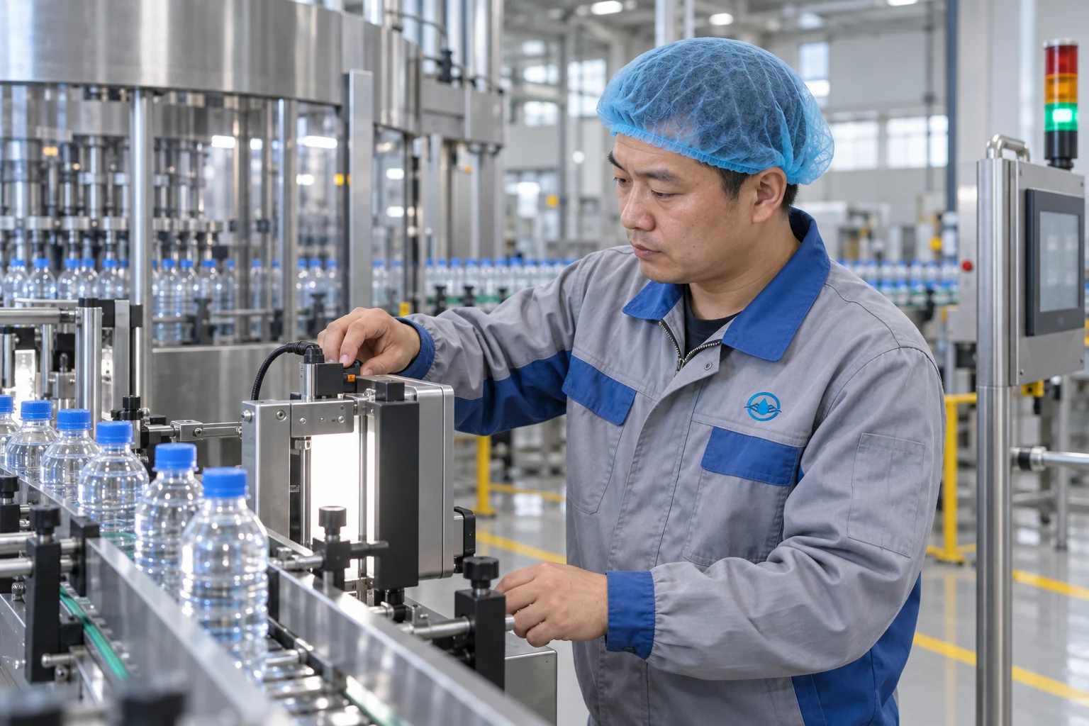 Chinese Tianz Beverage operator monitoring a bottle inspection machine