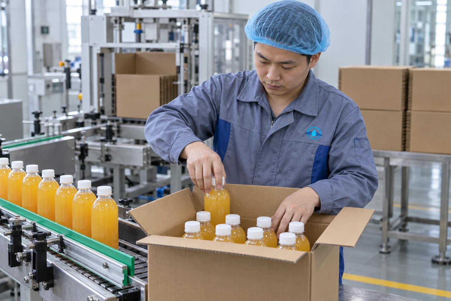 Chinese worker packing juice bottles into a shipping carton