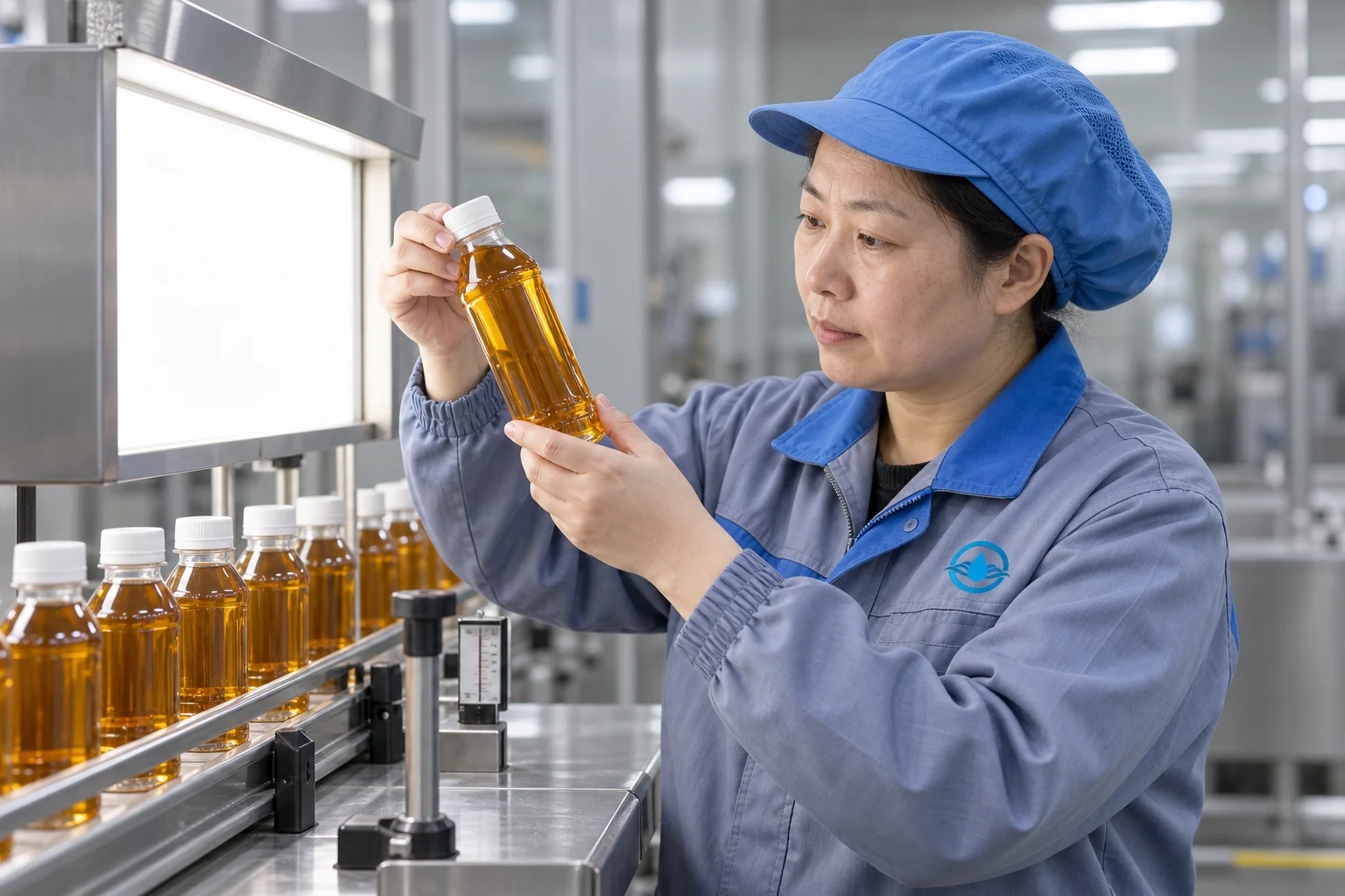 Chinese quality inspector checking a bottled tea beverage