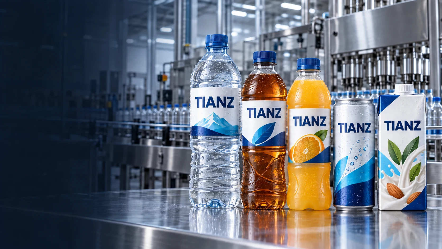 TIANZ branded bottled water, tea, fruit drink, sparkling beverage and plant-based drink packaging in a modern production setting