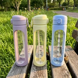 1000ml BPA Free Glass Water Bottle With Straw Leakproof Flip Top Lid Portable Time Marker Sports Water Bottle for Gym