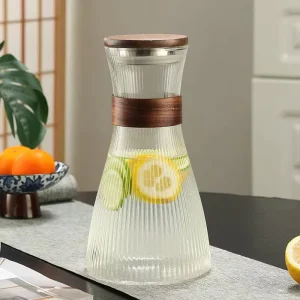 1500ml Heat Resistant Hot Cold Water Jug Pitcher Bottle with Wood Cover Ring Handle