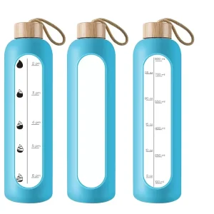 18oz Dishwasher Safe Glass Water Bottle Leakproof Lid Time Marker Silicone Sleeve Classic Sports Gym Office