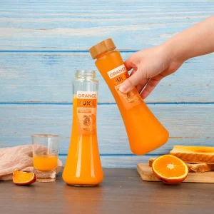 300ml Unique Design Juice Mineral Water Soda Beverage Glasses Bottle for Beverage Milk Juice Bottles with Bamboo Cap