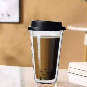 350ml Reusable Travel Coffee Mug Double Layer Insulated Coffee Tumbler Clear Double Wall Glass Coffee Cup with Silicon Lid