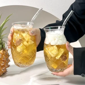 480ml Pineapple Shaped Glass Tumbler High Borosilicate Juice Drinking Cup with Straw for Party Restaurant Use
