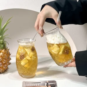 480ml Pineapple Shaped Glass Tumbler High Borosilicate Juice Drinking Cup with Straw for Party Restaurant Use