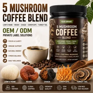 5 Mushroom Coffee Blend OEM Lion’s Mane Reishi Chaga Cordyceps Powder