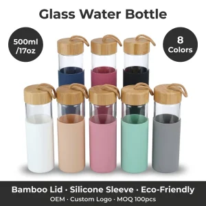 500ml Glass Water Bottle with Bamboo Lid and Silicone Sleeve Carry Rope Borosilicate Reusable Eco Friendly Custom Logo OEM