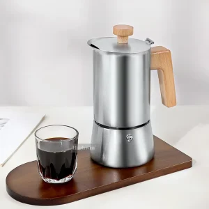 6 Cups Stainless Steel Coffee Mocha Pot Induction Espresso Maker Coffee Moka Pot with Wood Handle