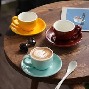 AT PACK Extra Thick 75ml Ceramic Coffee Cup American Italian European Espresso Cup Classic Gold 11 oz for Cafe Colored Tea Cup