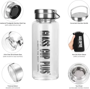 Athletic Clear High Borosilicate Glass Sport Water Bottles with Leak Proof Handgrip 600ml 1L 1.5L Unisex