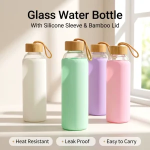 BPA Free High Borosilicate Glass Water Bottle with Silicone Sleeve Bamboo Lid Sports Drinkware for Travel Car