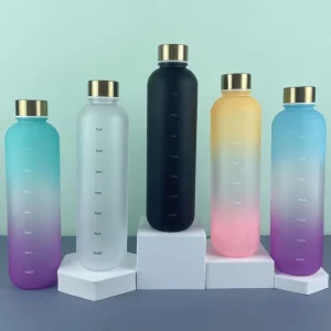 BPA Free Tritan 1L Aesthetic Motivational Water Bottle Leakproof Matte Gradient Fitness Bottle with Time Marker and Straw