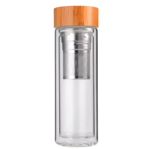 Bamboo Texture Lid Glass Cup Double Wall Insulated Transparent High Temperature Resistant Gift Water Bottle Custom Logo 400ml