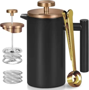 Black Mini French Press Coffee Maker 12oz Single Cup French Press with Rose Gold Lid 3 Extra Filters & 1 Gold Spoon