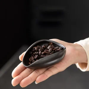 Black Porcelain Coffee Bean Dish with Tea Spoon Ceramic Measuring Cup for Party Handmade Pottery Type