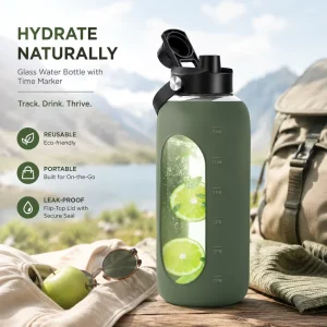 Borosilicate Glass Water Bottle 64 oz (1.89L) Solid Pattern Reusable Motivational Time Marker Straw Silicone Sleeve 2