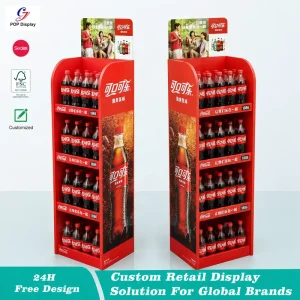 China Suppliers Pop up 4 Tier Corrugated Cartoon Character Stand Beverage Wine Coca Cola Cans Promotion Cardboard Display Shelf