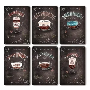 Coffee Recipe Metal Tin Sign Caramel Cappuccino Americano Mocha Glace Retro Cafe Wall Decor for Home Kitchen Bar Office
