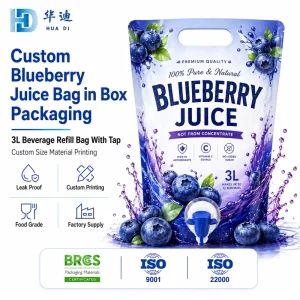 Custom Blueberry Juice Bag in Box 3L Tap Valve Food Grade High Barrier Packaging for Juice Brand