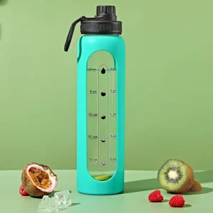 Custom Color High Borosilicate Glass Water Bottle 1000ml with Silicone Protective Sleeve BPA Free Leak Proof Microwave Safe
