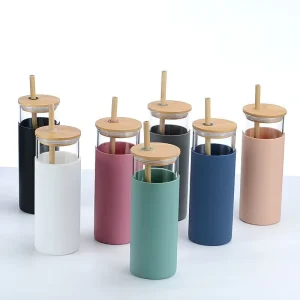 Custom Logo 500ml High Borosilicate Glass Water Bottle with Bamboo Lid and Straw Eco Friendly Silicone Sleeve Glass Cup