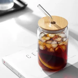 Custom Logo Can Shape Drinking Juice and Beer Glass Can Cola Cup with Bamboo Lid and Glass Straw