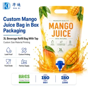 Custom Mango Juice Bag in Box 3L Tap Valve Food Grade High Barrier Packaging for Beverage Factory