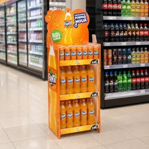 Custom Paper Floor Standing Display Unit FSDU for Orange Soda Drink Beverage Supermarket Convenience Store POS Display Rack