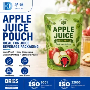 Custom Printed Apple Juice Pouch 1000ml Stand up Spout Bag with Cap Tap for Private Label Beverage Buyers