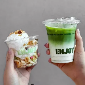 Custom Printed Logo Clear PET Plastic Cups with Dome Flat Lids for Iced Coffee Mocha Milk Tea Cold Drink Packaging