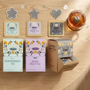 Custom Shaped Tea Bags Gravity Fed Drawer Dispenser Box 50 Count PLA Biodegradable Heart Star Tea Manufacturer Private Label