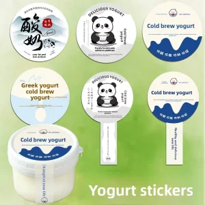 Customized Handmade Cartoon Panda Logo QR Code Yogurt Sticker Labels Gloss Lamination for Beverage Bottles Cups Waterproof