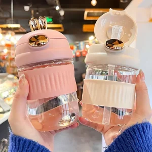 Cute Cartoon Children 400ml Glass Water Bottle Students School Straight Drinking Water Cup with Straw Customizable Logo
