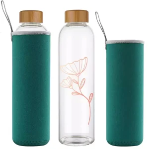 Eco Friendly Hand-made Reusable Borosilicate 750ml 1000ml Glass Water Bottle Leak Proof Push-Pull Lid Custom Logo Printed Sport