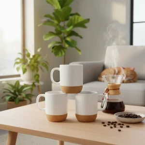 Factory Direct Sale 380ml Matte Black Cork Base Coffee Mug Ceramic Cup with Wooden Insulated Cork Bottom and Splash Lid