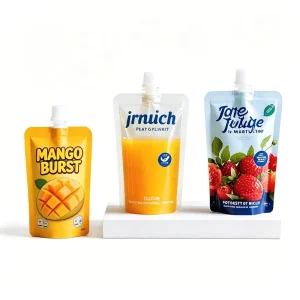 Factory Sale Custom Leak proof Liquid Packaging Stand up Spout Pouch Reusable Sealed Juice Drink Mango Burst Bag