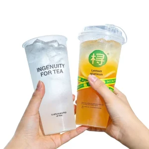 Food Grade PP UV Printed Injection Molded Extra Strength Milk Tea Juice & Coffee Cups with Lids for Commercial Use (Lemon Tea)