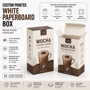 Full Color Printed 300gsm Ivory Board White Paperboard Box for Specialty Coffee Mocha Flavor Coffee Cardstock Box Retail