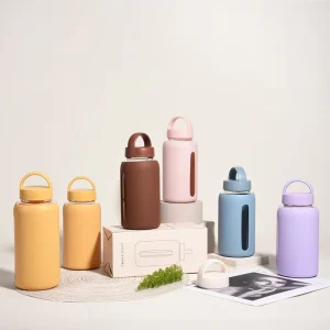 Glass Bottle 600ml Capacity Silicone Sleeve Water Bottle Anti Slip Portable Outdoor Sports Casual Cup with Timescale Mark
