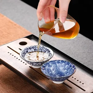 Hand Painted Blue and White Porcelain Bamboo Hat Cup 50ml Kung Fu Tea Cup Small Tea Bowl Master Cup for Tea Ceremony