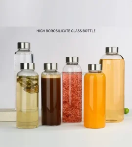 Heat Resistant Glass Water Bottle High Borosilicate Glass Bottle with Screwed on Cap BPA Free for All Drinks
