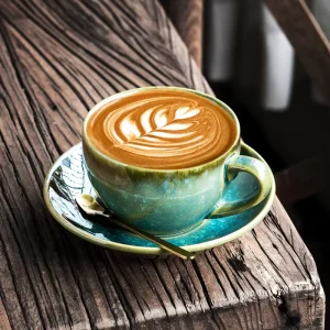 Kiln Change Latte Coffee Cup & Saucer Set Ceramic Japanese Vintage 300ml 7 Colors for Home Office Cafe