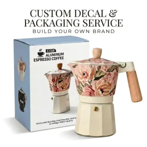 Kingze OEM ODM Custom Decal Moka Pot 150ml 300ml Beech Wood Handle Private Label Coffee Maker