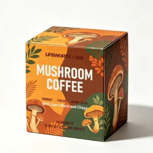 LIFEWORTH Mushroom Coffee Powder 6 Blend with Lion’s Mane & Chaga 50mg Caffeine OEM ODM Private Label Bulk Supply