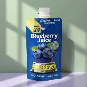 Leak proof Sealed Blueberry Juice Straw Bag Self standing Plastic Bag with Straw for Single use Cold and Hot Drink Packaging