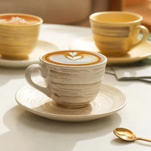 M Coffee Store Ceramic Latte Flower Coffee Mug Vintage Beige and White Cappuccino Cup With Saucer