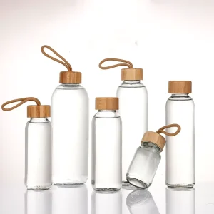 Manufacturers 500ml 750ml Recyclable Clear Water Glass Bottles With Airtight Screw Bamboo Cap and Rope