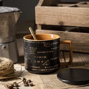 Mug with Lid Large Capacity Ceramic Cup High End Light Luxury Black Vintage Design Unisex Math Pattern Coffee & Water Cup